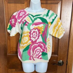 Vintage Knit Country Suburban Pullover Floral Short Sleeve NWTS Size Large